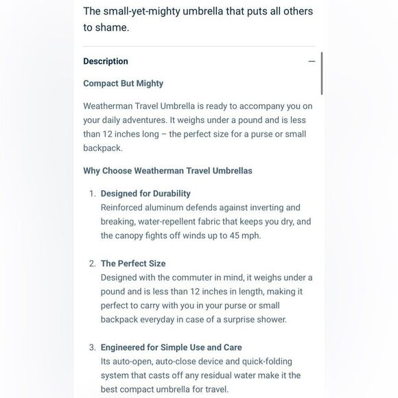 NIBWT Weatherman Umbrella 12” Long Durable Frame Fits Bag Univ North Carolina - Picture 10 of 12